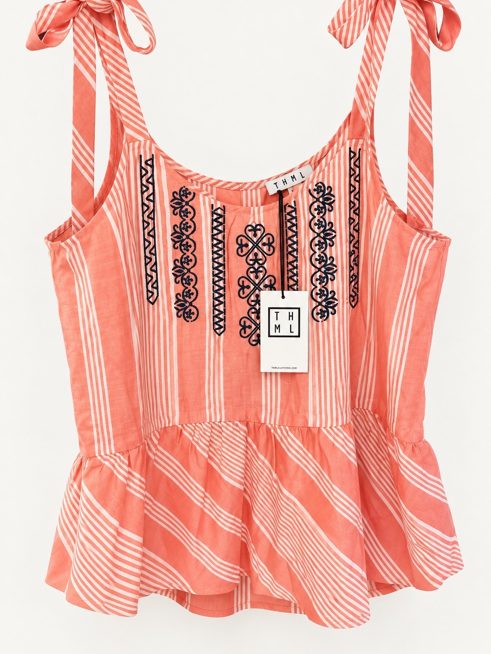 THML Coral and White Striped Embroidered Tie-Shoulder Peplum Camisole